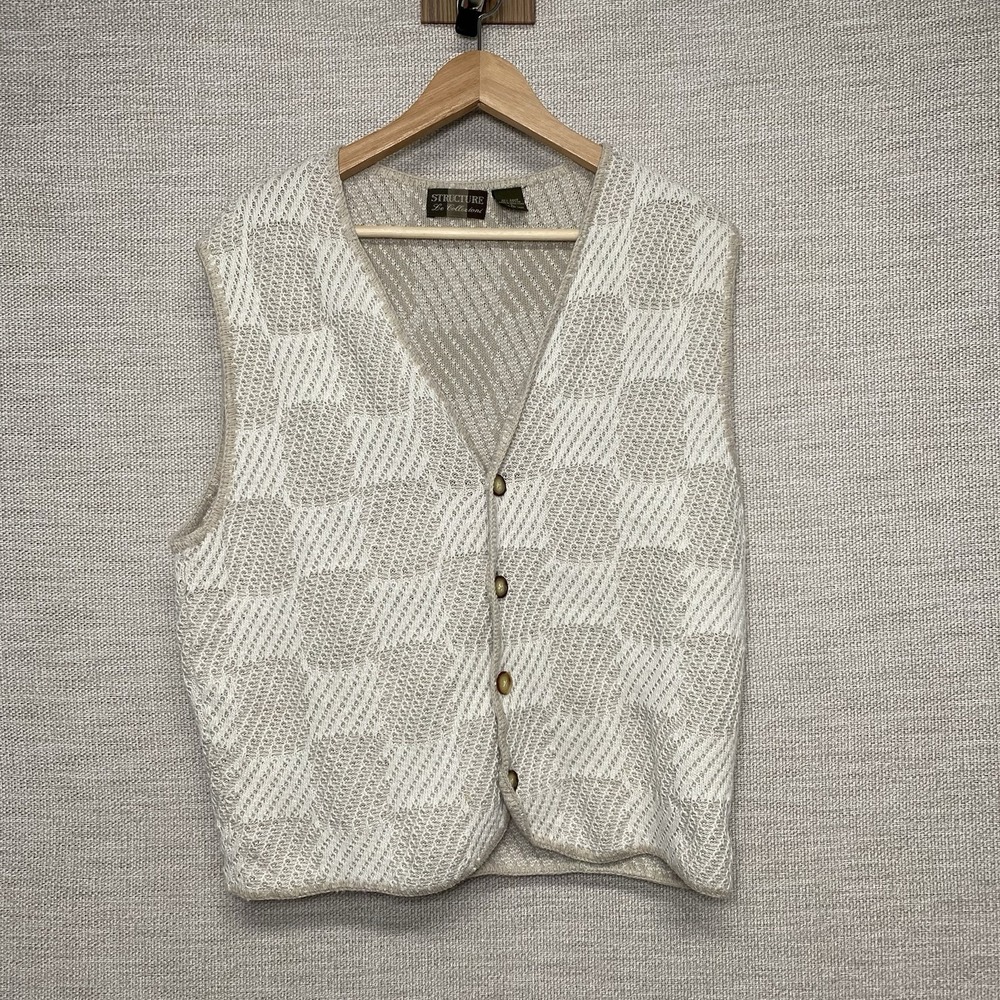 90s Structure Vest L Ramie Cotton Beige Textured Knit Minimalist Cottagecore